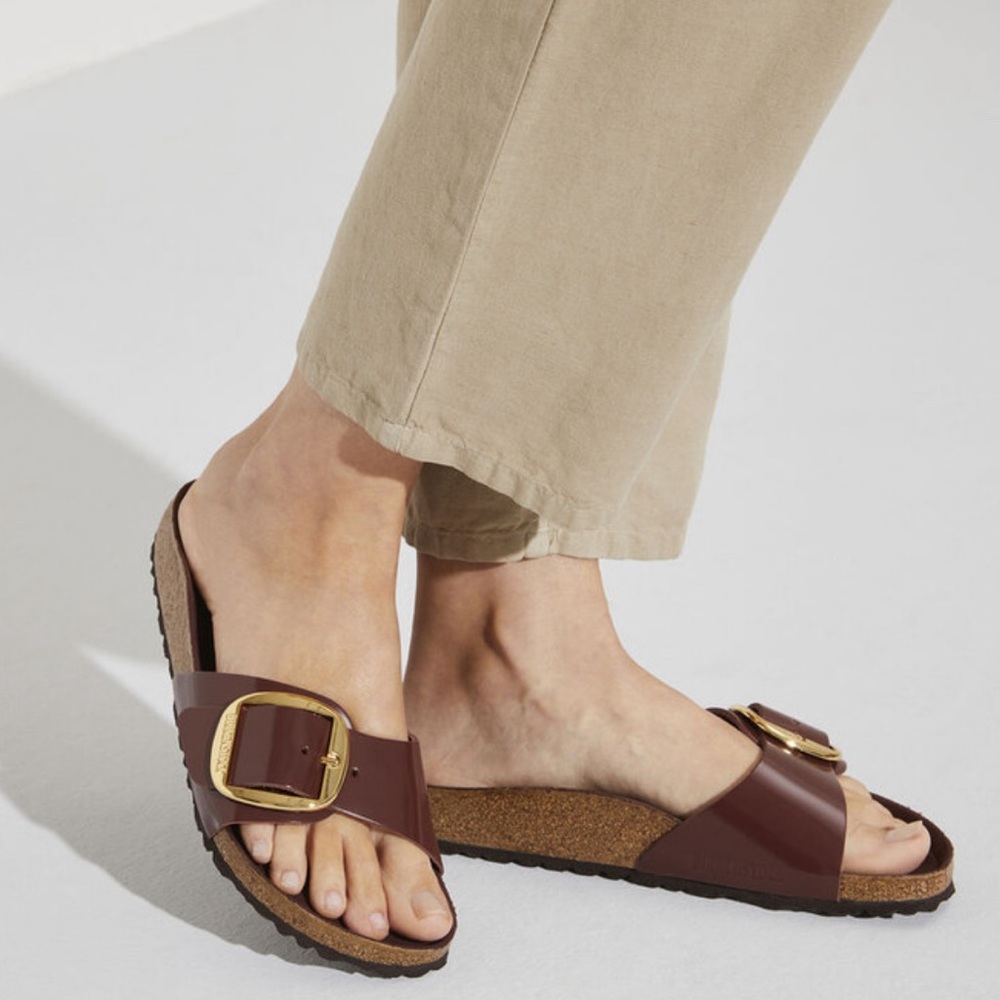 Birkenstock Madrid Big Buckle High Shine Patent Chocolate Narrow Size 38
